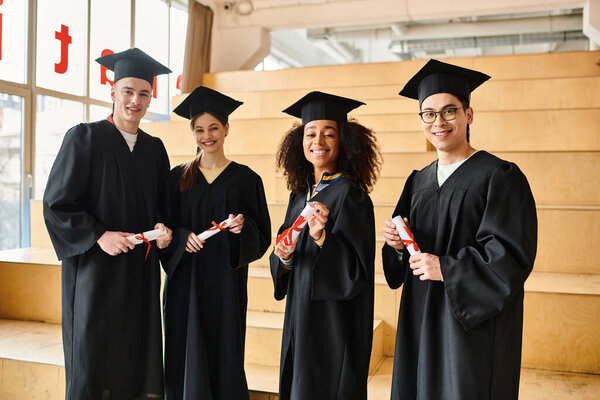 разнообразная группа студентов в выпускных платьях, позирующих с академическими шапками и дипломами