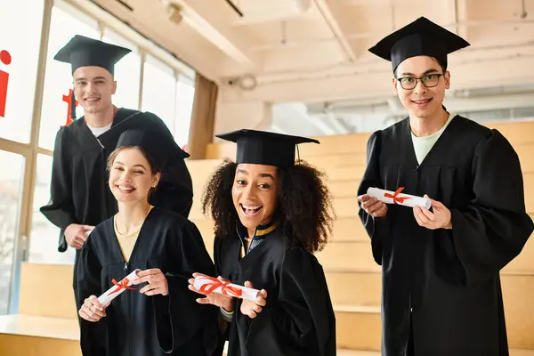 stock image A group of diverse students, including caucasian, Asian, and African American members, standing together in academic gowns and caps.