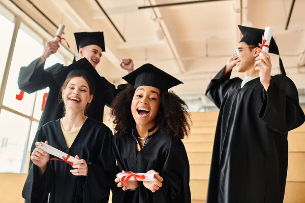 Multicultural group of students celebrating their graduation in colorful gowns, clutching diplomas with smiles and pride.