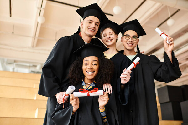 Diverse group of students in graduation gowns and academic caps smiling happily for a picture indoors.