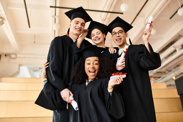 Разнообразная группа студентов в выпускных платьях позирует в академических шапках для запоминающегося образа их достижений.