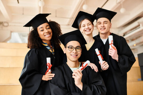 Diverse group in graduation gowns happily holding diplomas.