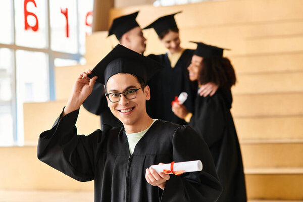 A man of diverse background celebrates graduation in a cap and gown, proudly displaying his diploma.