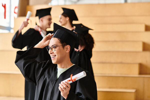 A diverse man in a cap and gown holding a diploma celebrates his graduation indoors.