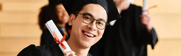Diverse Group Students Academic Gowns Caps Celebrate Graduation Holding Diplomas — Stock Photo, Image