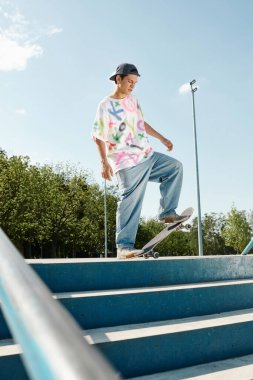 A young skater boy confidently rides his skateboard down the side of a metal rail in an urban skate park on a sunny summer day. clipart