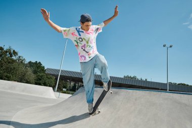 A young skater boy confidently rides his skateboard down the side of a ramp in a skate park on a sunny summer day. clipart