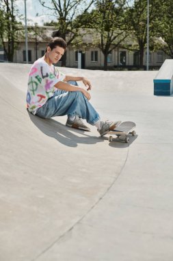 A young skater boy boldly sits on his skateboard, at ease in the vibrant skate park on a sunny summer day. clipart