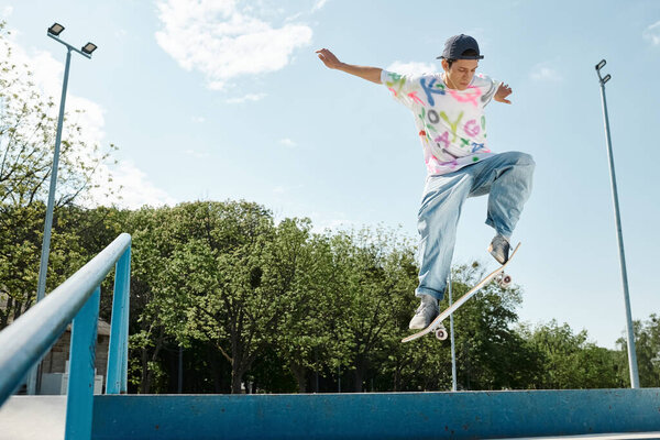 A young skater boy fearlessly rides his skateboard down the side of a vibrant blue rail in a summer skate park.