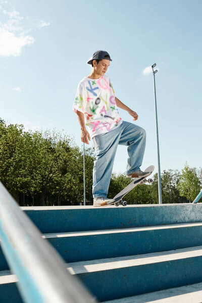 A young skater boy confidently rides his skateboard down the side of a metal rail in an urban skate park on a sunny summer day.
