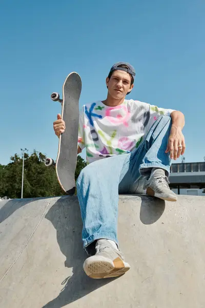 Ένα Νεαρό Αγόρι Σκέιτερ Στηρίζεται Στην Κορυφή Μιας Ράμπας Skateboard — Φωτογραφία Αρχείου