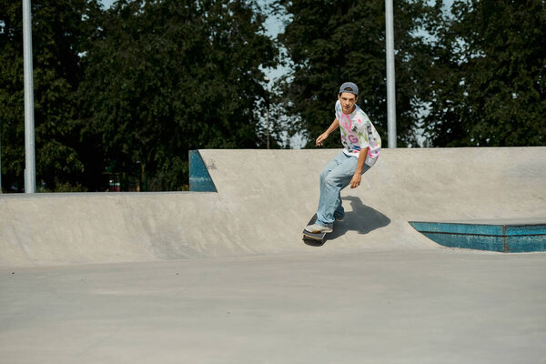 A young skater boy fearlessly rides his skateboard up the side of a ramp in a bustling outdoor skate park on a sunny summer day.