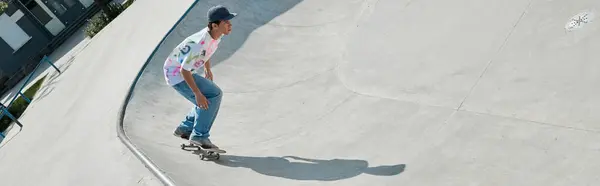 stock image A young skater boy fearlessly accelerates down the ramp at a skate park on a sunny summer day.