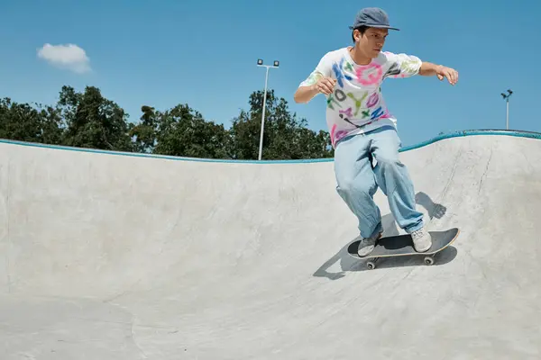 stock image A young skater boy effortlessly rides his skateboard up the side of a ramp at an outdoor skate park on a sunny summer day.