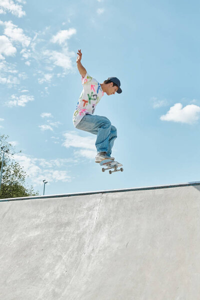 A young skater boy defying gravity as he rides his skateboard up the ramp at a vibrant outdoor skate park on a sunny summer day.