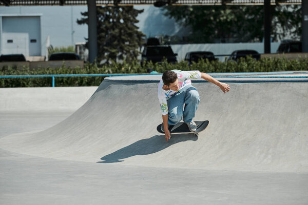 A young skater boy riding a skateboard up a steep ramp at an outdoor skate park on a sunny summer day.