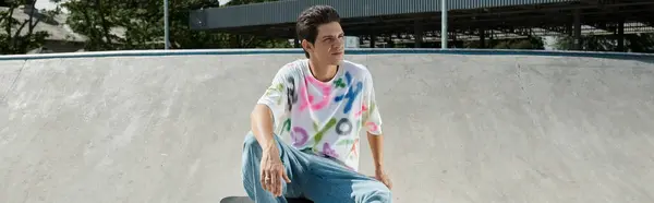 Mladý Bruslař Zrychluje Skate Park Rampu Svém Skateboardu Objímající Vzrušení — Stock fotografie