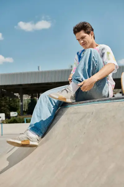 若いスケーターの少年は 晴れた夏の日に活気に満ちた屋外スケートパークのスケートボードランプの上に自信を持って座っています — ストック写真