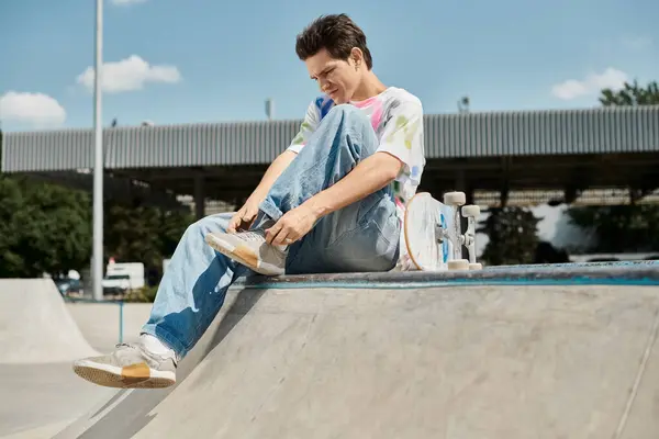 A man sits triumphantly atop a skateboard ramp in a sunny skate park setting.