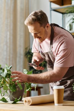 A man skillfully trims a plant with precision using scissors in a small, flourishing plant shop. clipart