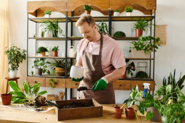 A man in an apron and gloves tenderly waters a variety of lush plants in a vibrant plant shop. clipart