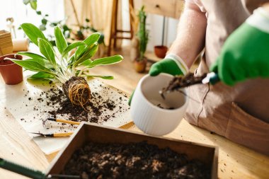 A person in green gloves delicately holds a plant in a box, showcasing care and attention to detail in a small florist shop. clipart