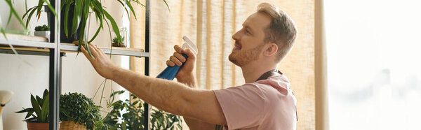 A man with a green thumb nurturing a plant in his hand at a plant shop, embodying the own business concept.