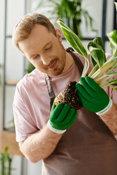 A man cradles a potted plant in his hands, showcasing care and growth in a florist shop setting.