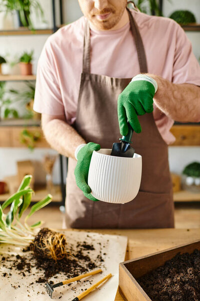A man in an apron and green gloves diligently waters plants in a botanical setting.