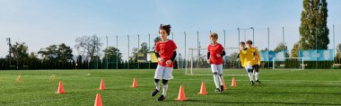 Bir futbol sahasının tepesinde, arka planda güneş batarken yüzleri neşe ve gururla ışıldarken muzaffer bir maçın ardından coşkulu bir grup genç adam..