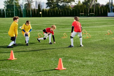 Canlı bir grup genç çocuk çimenli bir sahada enerjik bir şekilde futbol oynuyor, arkadaşça bir maçta koşuyor, tekmeliyor ve tezahürat yapıyorlar..