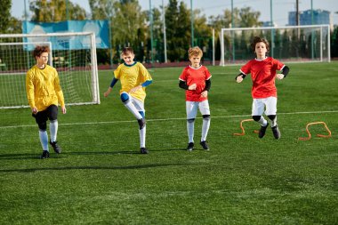 A vibrant scene unfolds as a group of young boys passionately play a game of soccer. The boys energetically chase the ball, make strategic passes, and attempt daring shots on goal in a spirited display of teamwork and athleticism. clipart