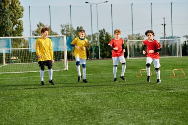 Canlı bir grup genç çocuk, çimenli bir alanda coşkuyla topu ileri geri atıp, futbol oynuyorlar. Renkli formalar giyiyorlar ve takım çalışması ve becerilerini sergileyerek gol atmaya odaklanıyorlar..