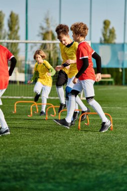 Bir grup genç çocuk çimenli bir alanda enerjik bir şekilde futbol oynuyor. Koşuyorlar, topa vuruyorlar ve arkadaşça bir maçta yarışırken gülüyorlar..