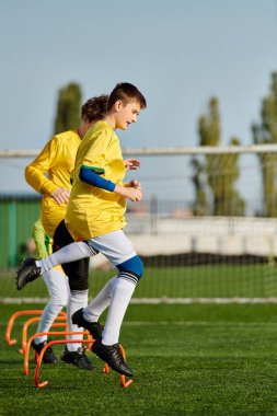 İki genç kız çimenli bir alanda enerjik bir şekilde futbol oynuyorlar. İkisi de hareket halinde, topu ileri geri tekmeliyor, odaklanma ifadeleri ve yüzlerindeki kararlılıkla..