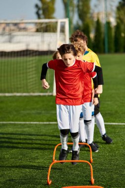 Bir grup genç adam coşkuyla bir futbol sahasının tepesinde, zorlu bir maçın ardından kutlama ve zafer için bir araya geldiler. Dinamik duruşları birlik ve dostluk hissi veriyor..