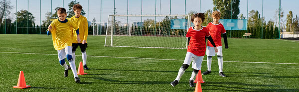 A dynamic scene of young individuals engaging in a lively game of soccer. They are running, kicking, and passing the ball with enthusiasm and agility on the field.
