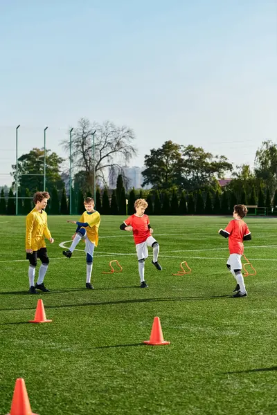 Grupp Unga Pojkar Står Triumferande Ett Lummigt Grönt Fält Deras — Stockfoto