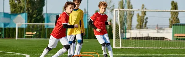 A group of young men triumphantly stand on top of a soccer field, basking in the golden glow of the setting sun after a victorious match. Celebrating their teamwork and success, they overlook the field with pride and camaraderie.