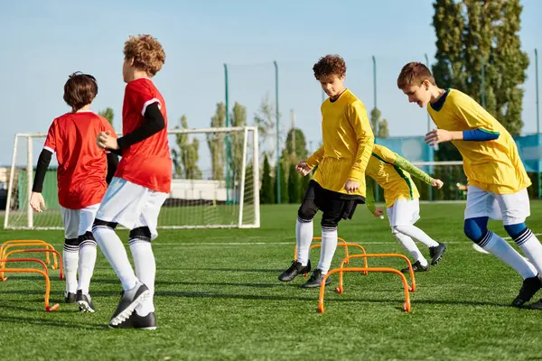 A dynamic scene of a group of young men engaged in an exhilarating game of soccer, running, passing, and kicking the ball with precision and skill on a vibrant field.