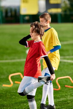 Two young men, energized and triumphant, stand atop the soccer field after a successful match. The vibrant green grass contrasts with their celebratory expressions. clipart