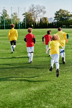 Genç çocuklardan oluşan canlı bir grup yeşil bir sahada futbol oynuyor, topa vuruyor, koşuyor, tezahürat yapıyor ve takım çalışmasını ve sportmenliğini sergiliyor..