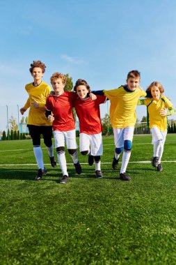 Çeşitli gençlerden oluşan bir grup yeşil bir futbol sahasının tepesinde gururla duruyor, atletik uğraşlarında birlik ve dostluk gösteriyorlar..