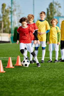 Çimenli bir alanda coşkulu bir futbol oyunu oynayan bir grup canlı genç çocuk. Koşuyorlar, tekmeliyorlar, pas veriyorlar ve hareketli ve dinamik bir şekilde amaçları kutluyorlar..