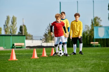 Bir grup genç adam zaferlerini kutlamak için bir futbol sahasının tepesinde muzaffer bir şekilde duruyorlar. Oyuncular futbol formalarını giyiyorlar, saha arkalarında uzanıyor..
