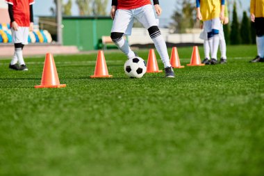 Bir grup genç adam çimlerin üzerinde rekabetçi bir futbol maçına katıldı. Koşuyorlar, tekmeliyorlar, geçiyorlar, savunuyorlar, takım çalışması ve becerilerini sergiliyorlar..