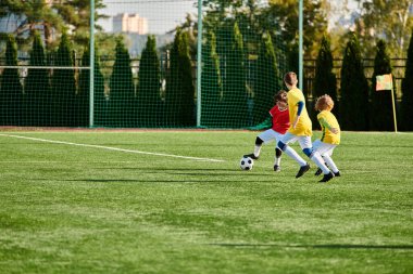 A lively group of young children play a game of soccer, running and kicking the ball across the field with beaming smiles and competitive spirit. clipart