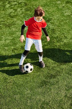 A young boy is energetically kicking a soccer ball on a green field. His concentration is evident as he practices his skills, aiming for precision and power with each kick. clipart