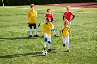 A group of young boys playing an intense game of soccer on a grassy field. They are running, kicking the ball, and cheering each other on as they compete in a friendly yet competitive match. clipart