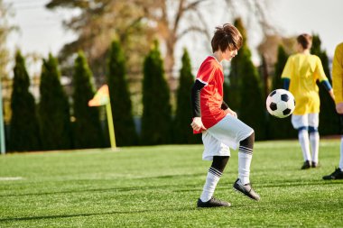 Yüzünde kararlı bir ifade olan genç bir çocuk yeşil bir sahada bir futbol topunu tekmeliyor. Top havada, çocukların ayaklarıyla ona sert bir şekilde vuruyor. Çimenler yemyeşil ve gökyüzü berrak, güneşli bir günü işaret ediyor..